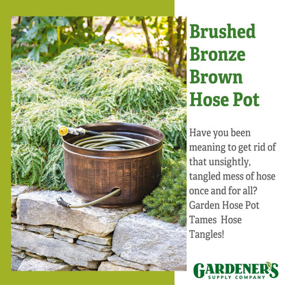Gardener's Supply Company Garden Hose Pot | Elegant Brushed Bronze Brown Decorative Watering Hose Storage with Side Hole | Ideal Hose Holder for Outdoor Garden, Backyard, & Patio | Holds 100ft Hose