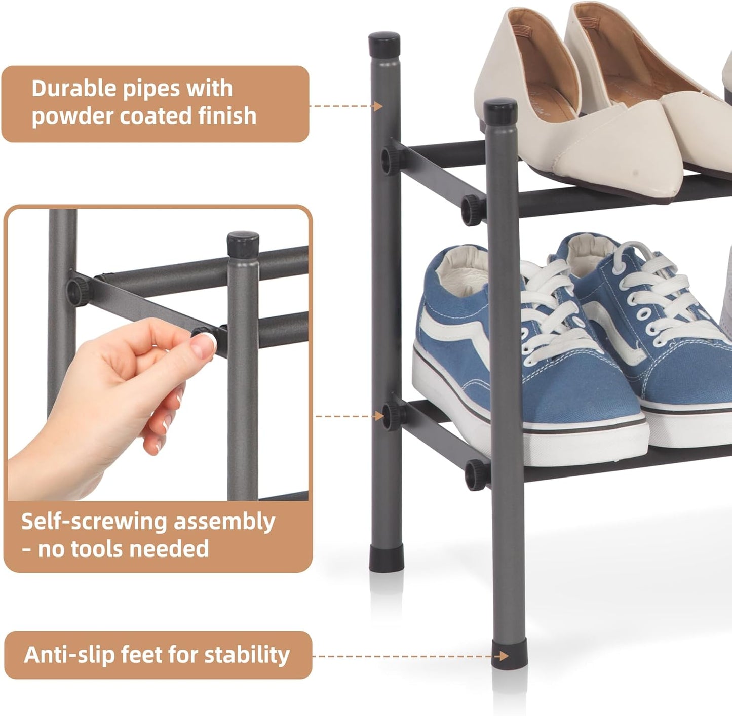 Storage Maniac Expandable Shoe Rack - 8 Pairs Stackable Metal Organizer for Closet & Entryway | Black 2-Tier