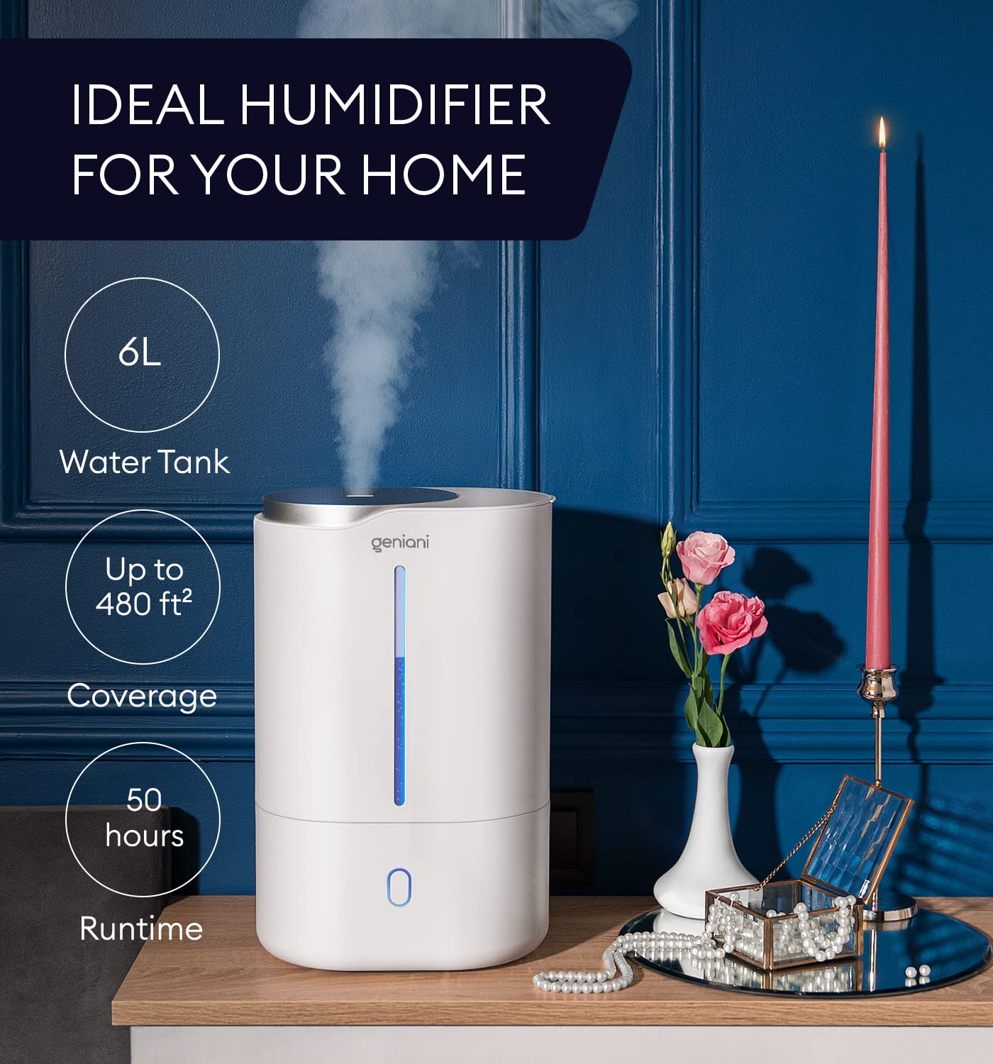 GENIANI Ultrasonic Cool Mist Humidifier for Bedroom, Large Rooms, Home, 4L - Easy Fill & Clean Humidifier for Plants w/Auto Shut-off, 40H Runtime - Quiet, Top Fill Air Humidifier