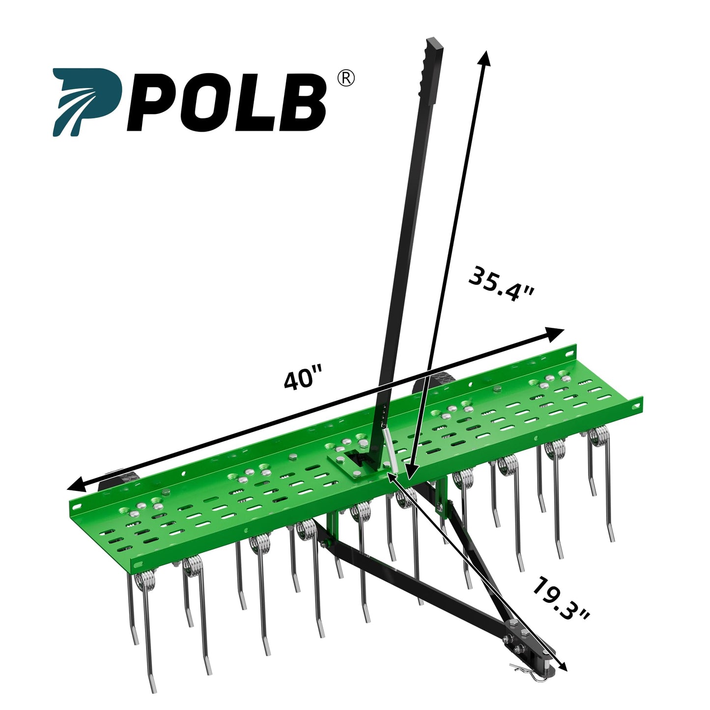 PPOLB 40" Tow-Behind Dethatcher with 20 Spring Steel Tines, Pull Behind Lawn Tractor Mower Grass Rake for Yard, Garden, and Farm Care – Removes Thatch, Leaves, and Pine Needles-Green