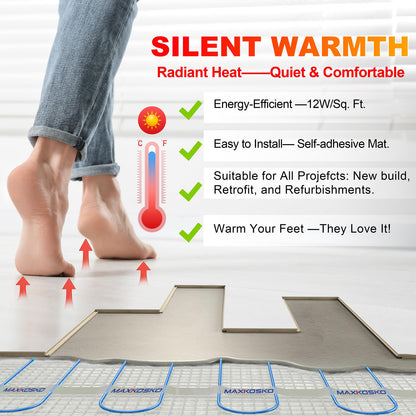 MAXKOSKO 70 sq.ft. Electric Floor Heat Mat Kit, 120 V Underfloor Radiant Heating System for Tile, Stone and Laminate Indoor Use with Alarm Cable Monitor