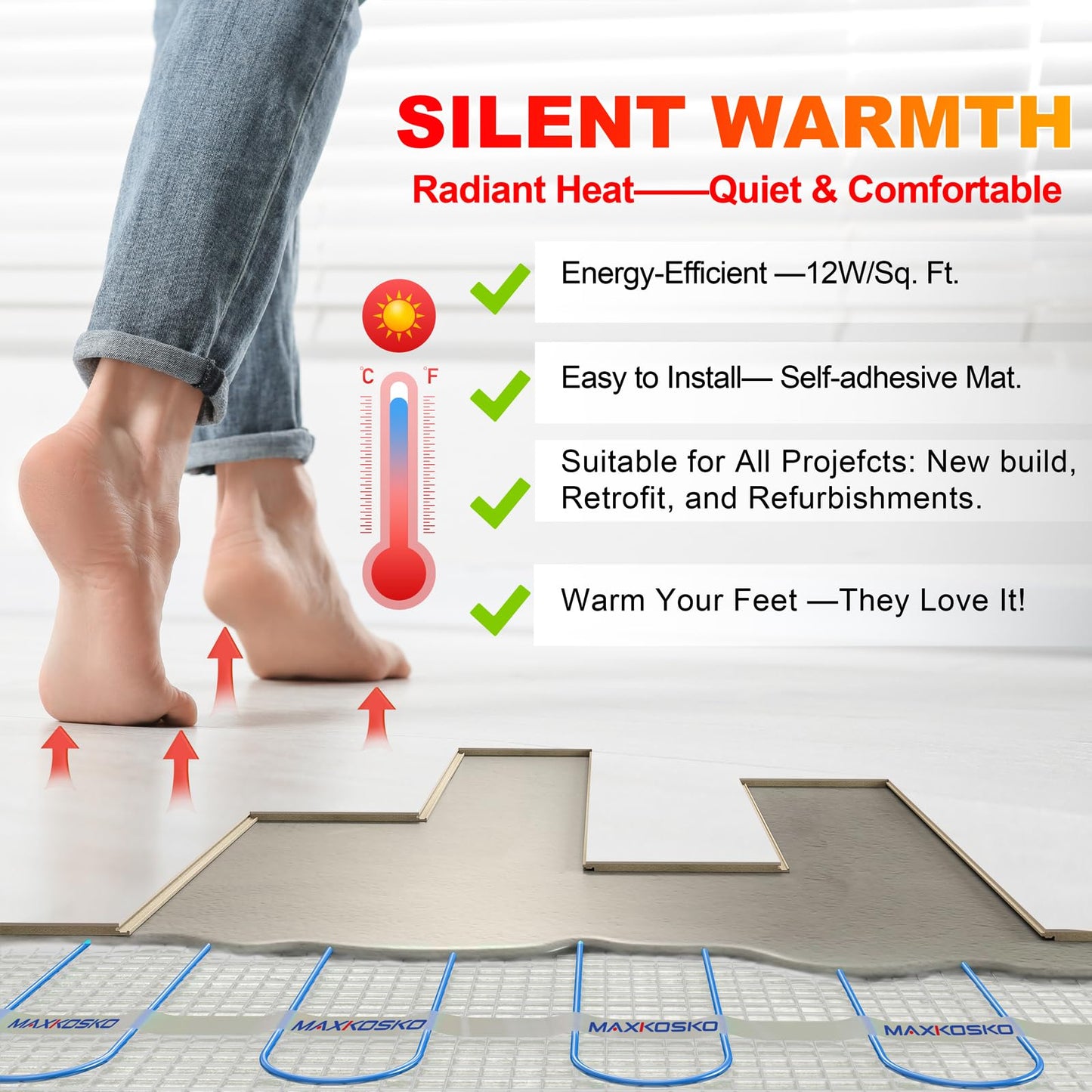 MAXKOSKO 70 sq.ft. Electric Floor Heat Mat Kit, 120 V Underfloor Radiant Heating System for Tile, Stone and Laminate Indoor Use with Alarm Cable Monitor