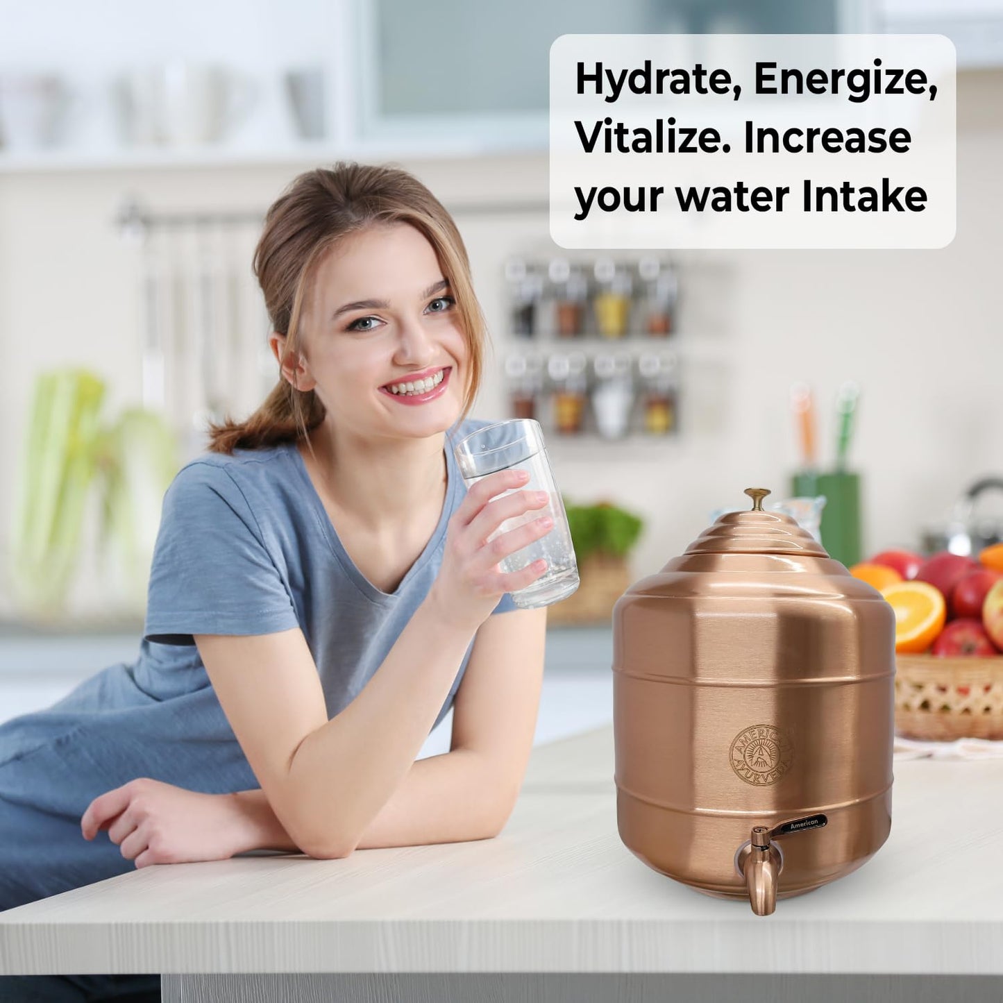 A 100% Pure Copper wer Dispenser Storage Tank Pot, Stainless Steel Faucet spigot and Lid included, Healthy Organic Water Yoga Meditation 3.17 Gallon (12 Liters), 5G-3.17G-1.32G