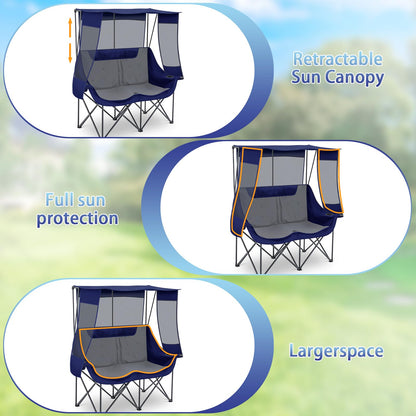 Teenyyou Double Camping Chair with Canopy - 2 Person Beach Chair with UV Sun Protection 660lbs Heavy Duty Foldable Loveseat with 2 Cup Holder & Storage Bag for Lawn Beach Outdoor Sport(Blue and Grey)