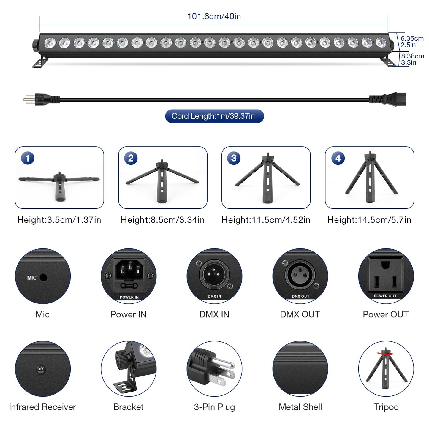 OPPSK Stage Wash Light Bar for DJs: 120W RGBW Wall Wash Lights with RGB Background LEDs - APP IR Remote & DMX Control - Sound Activated Lighting - Easy Setup with Tripod for Wedding Party Church Band