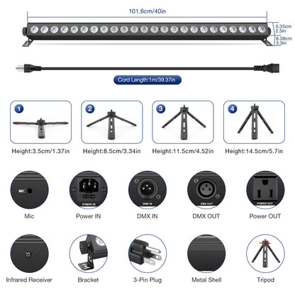OPPSK Stage Wash Light Bar for DJs: 120W RGBW Wall Wash Lights with RGB Background LEDs - APP IR Remote & DMX Control - Sound Activated Lighting - Easy Setup with Tripod for Wedding Party Church Band