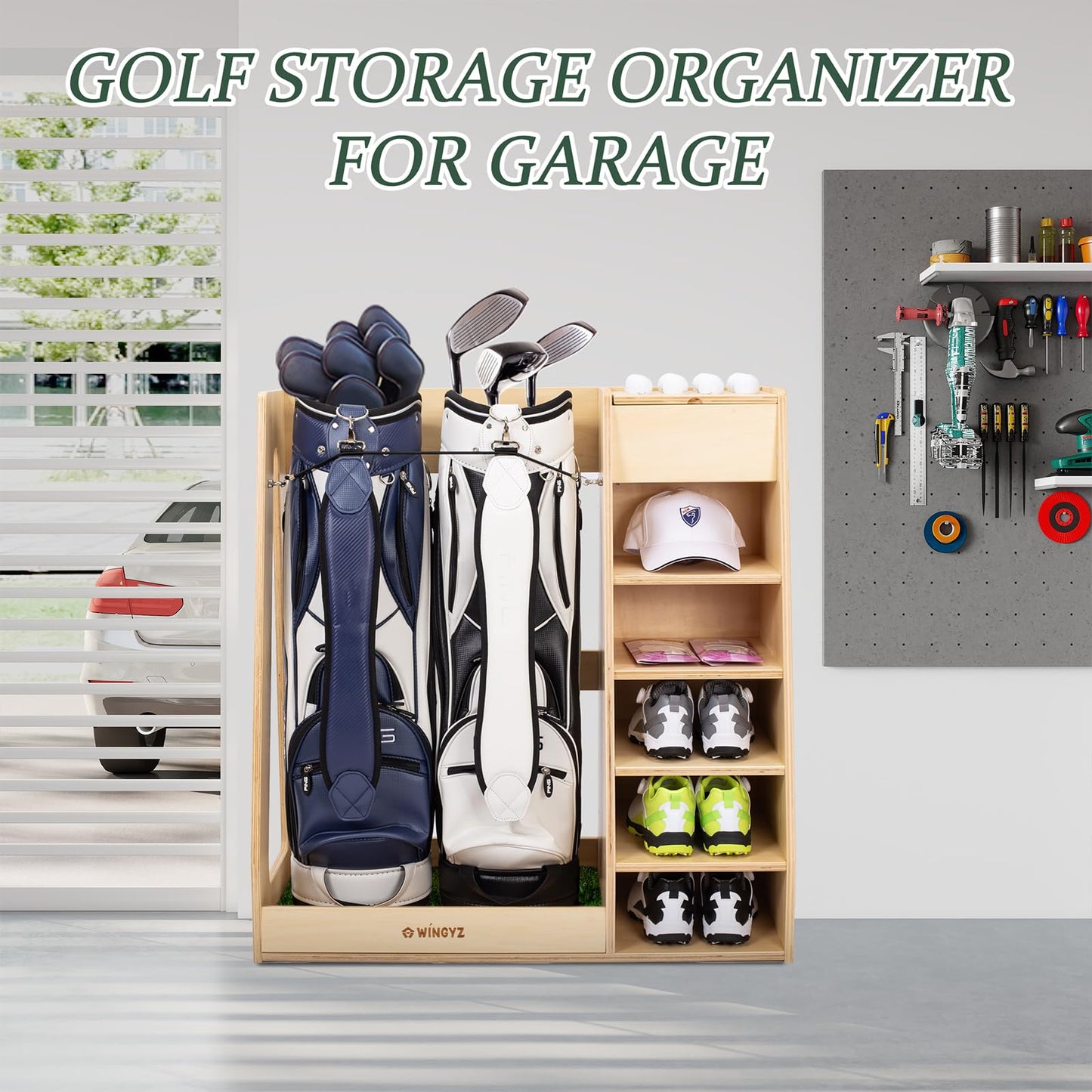 WINGYZ Premium Birch Plywood Golf Bag Storage for 2 Bags | 36lb Rock-Solid Golf Bag Organizer | 7-Shelf Command Center | Artificial Turf 12-Ball Display | No Wall Mounting Required (Natural)