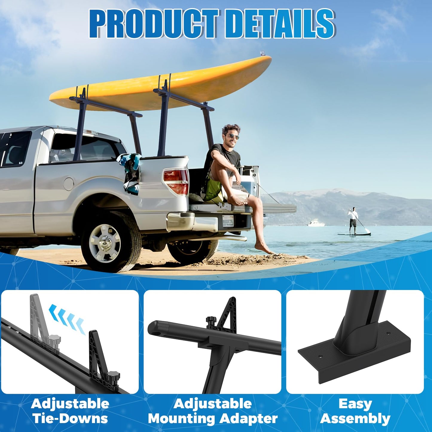 GORWARE Truck Ladder Rack, Aluminum Truck Rack 800lbs Capacity Adjustable Truck Bed Rack for Kayak, Surfboard, Tent, Ladder