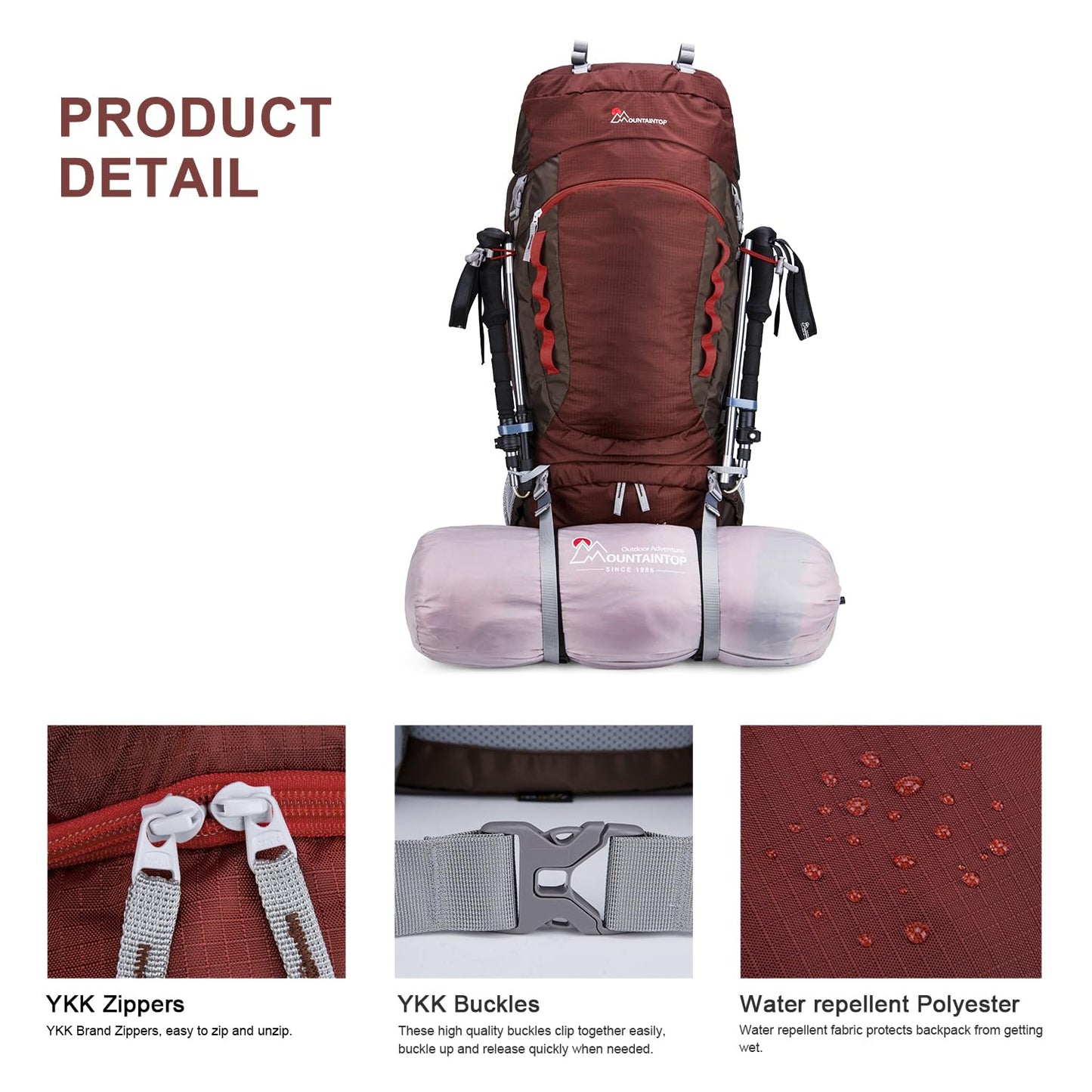 MOUNTAINTOP 80L Internal Frame Backpack for Man & Women Backpacking Hiking Backpack with Rain Cover,Maroon