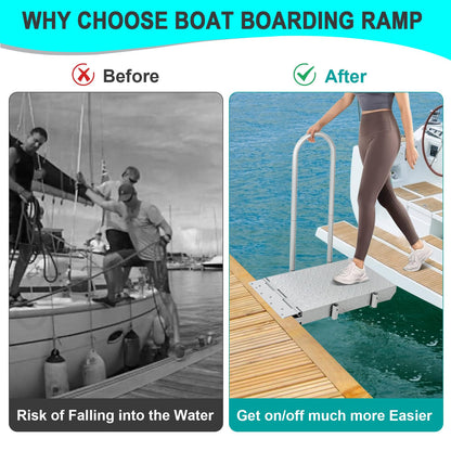 HomiShare Boat Boarding Platform with Handrail, Dock Extension Step with Safety Grab Bar, Folding Dock Boarding Platform for Marina, Dock, Deck, Boat, Silver
