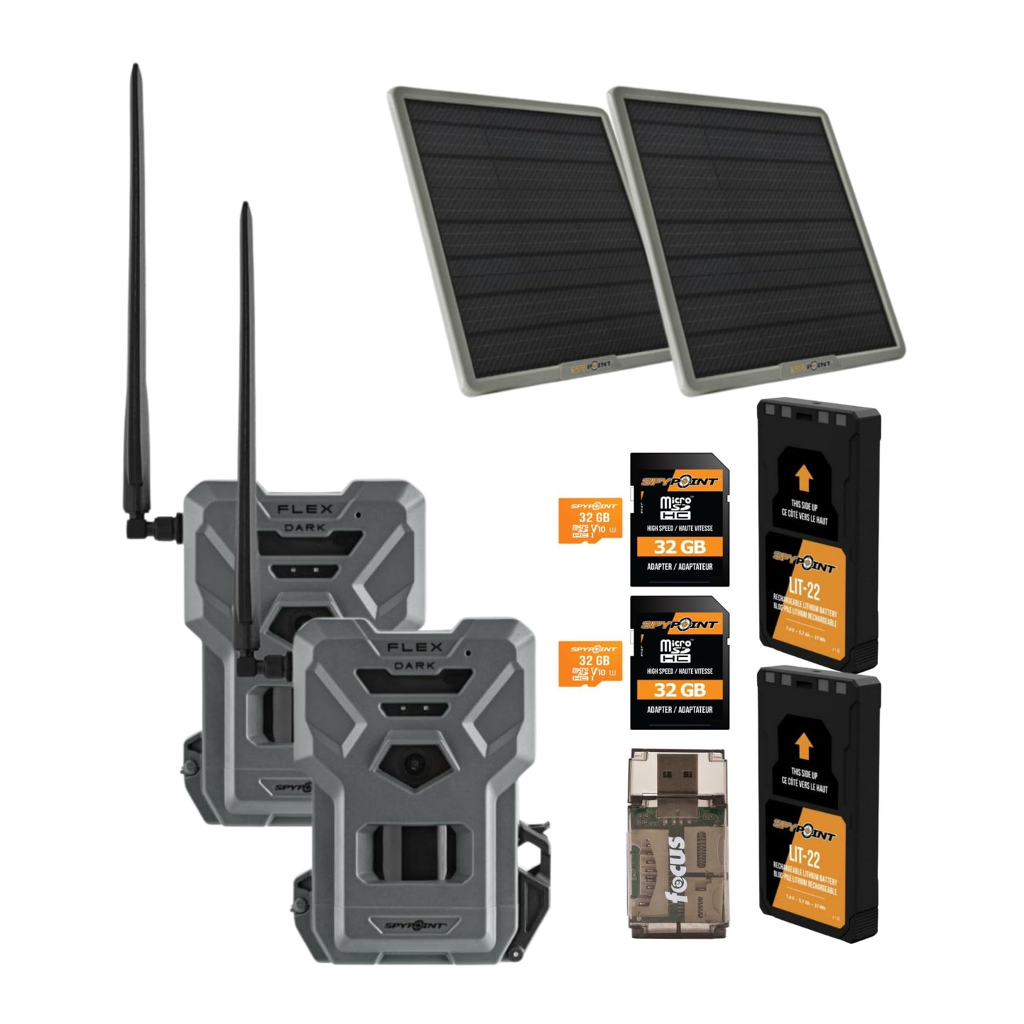 Spypoint Flex-Dark GPS Cellular Trail Camera (2-Pack) Bundle with 2 x 10W Battery 2 x Solar Panel 2 x 32GB SD Card and Card Reader (9 Items)