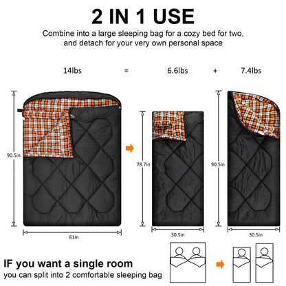 AGEMORE 0 Degree Double Sleeping Bag for Adults, Cotton Flannel Lined 2 Person Queen Size Sleeping Bag for Winter, Double Wide & Warm for Family Couples Camping Or RV Traveling