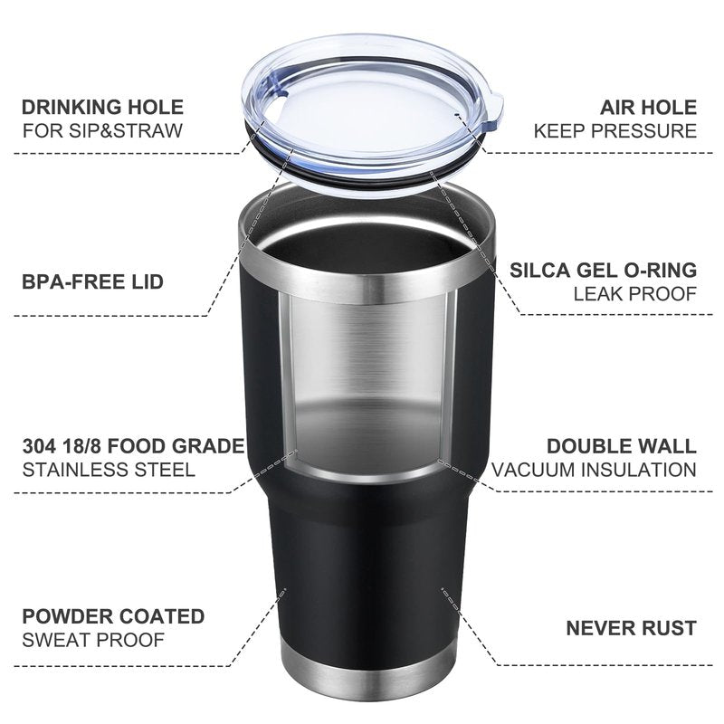 MEWAY 30oz Insulated Tumbler With Lids and Straws,Stainless Steel Double Vacuum Coffee Tumbler Cup, Brush, Durable Powder Coated Coffee Cup for Cold & Hot Drinks(Black,8 PACK)