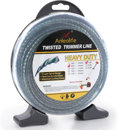 Anleolife Heavy-Duty Twisted .095-Inch Dual Core Trimmer Line - 393 Ft with Built-In Cutter