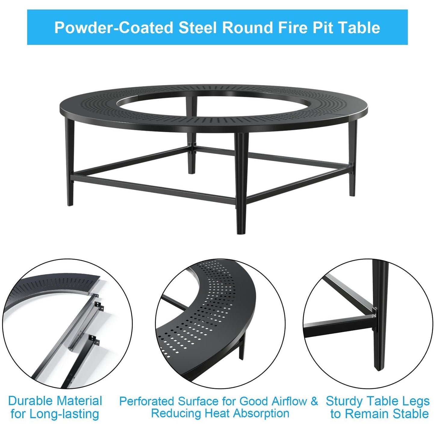 LS'BABQ 40" Fire Pit Surround Tabletop with Waterproof Cover for Solo Stove Bonfire & Ranger, Round Outdoor Fire Pit Table for Most Wood-Burning Stoves Under 22" Dia for Camping, Powder-Coated Steel