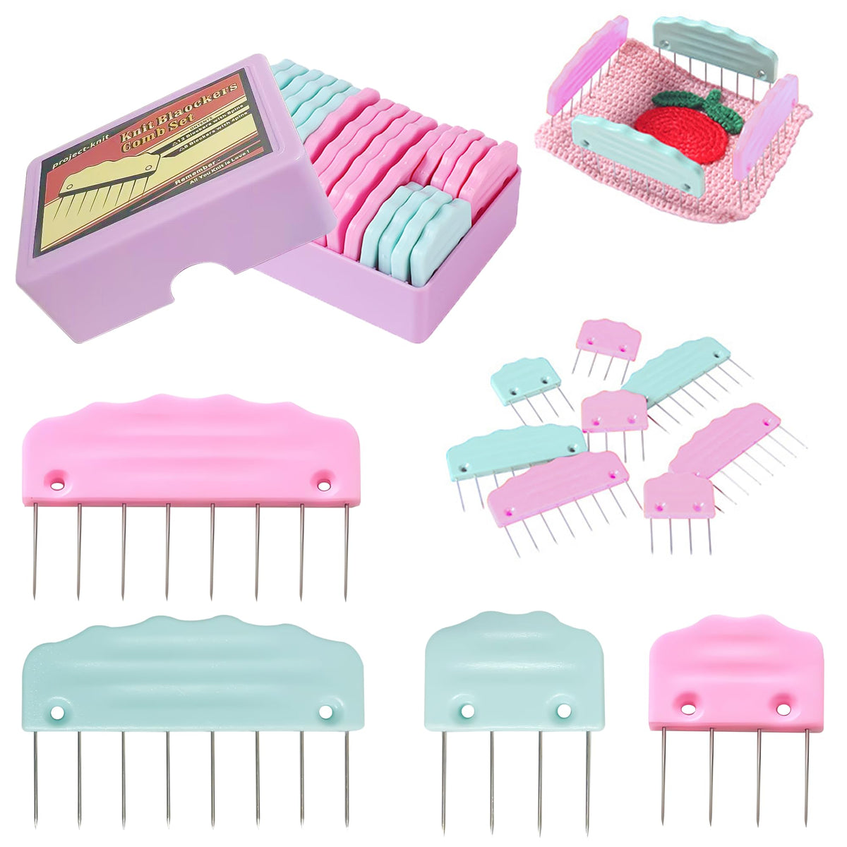 20pcs Knit Blocking Pin Kit, Knit Blockers Combs for Crochet Knitting Blocking Board Mats, Knit Blocking Pins for Crochet Projects Sewing Lace Needlework Projects Tool (Pink Blue)