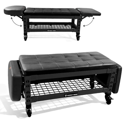 Rolling Garage Stool Bench 4-in-1 Folding Work Seat with Removable Creeper Pad & 2-Tier Storage, Heavy-Duty 500LB Capacity, Shoe Rack Storage Shelf Convertible Bed for Garage, Workshop, Gym, Black