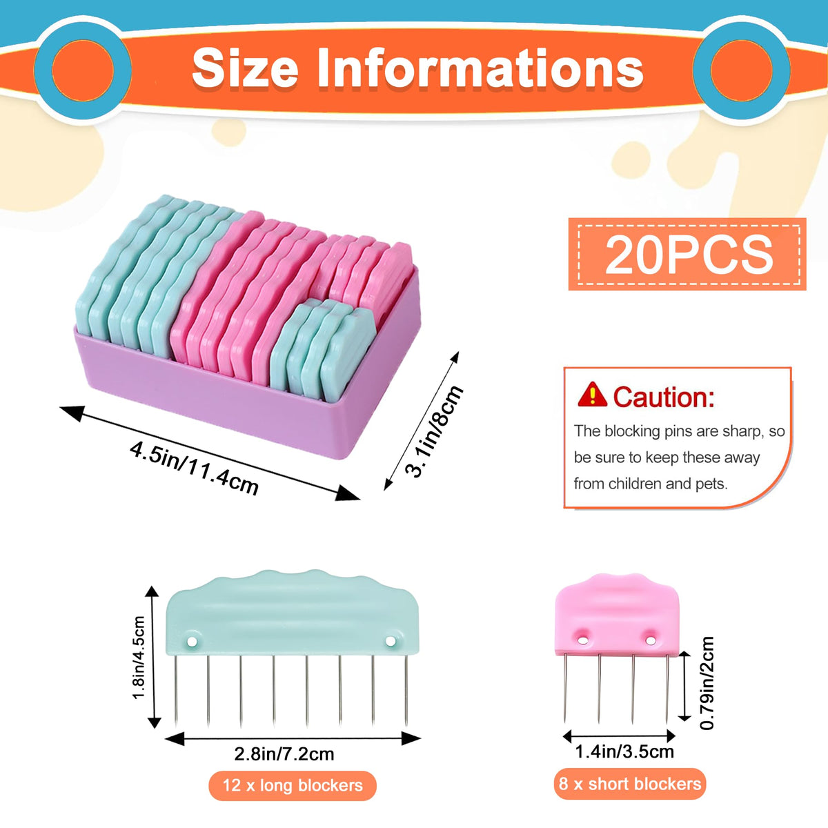 20pcs Knit Blocking Pin Kit, Knit Blockers Combs for Crochet Knitting Blocking Board Mats, Knit Blocking Pins for Crochet Projects Sewing Lace Needlework Projects Tool (Pink Blue)