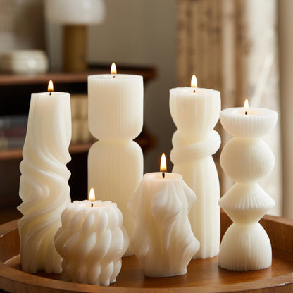 6 Pcs Small Handmade Ribbed Pillar Candle Set, Soy Wax Modern Home Decor for Living Room Bedroom, Aesthetic Table & Shelf Decor, Perfect Housewarming Gift (White, Small)