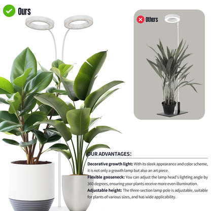 GLOWRIUM Grow Lights for Indoor Plants, 36W Full Spectrum 2-Head LED Plant Light with Stand, Adjustable Height, 3/9/12H Timer, 6 Dimmable Levels & 3 Lighting Modes (White-Double Head)