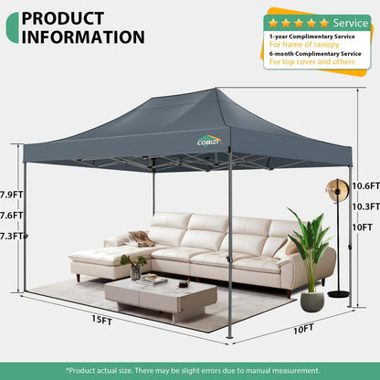 COBIZI 10x15 Heavy Duty Pop Up Canopy Tent with 4 Sidewalls Thicken Frame, Commercial Easy Up Outdoor Wedding Party Tents, All Season Waterproof Windproof with Stakes Sandbags Ropes Bag, Gray