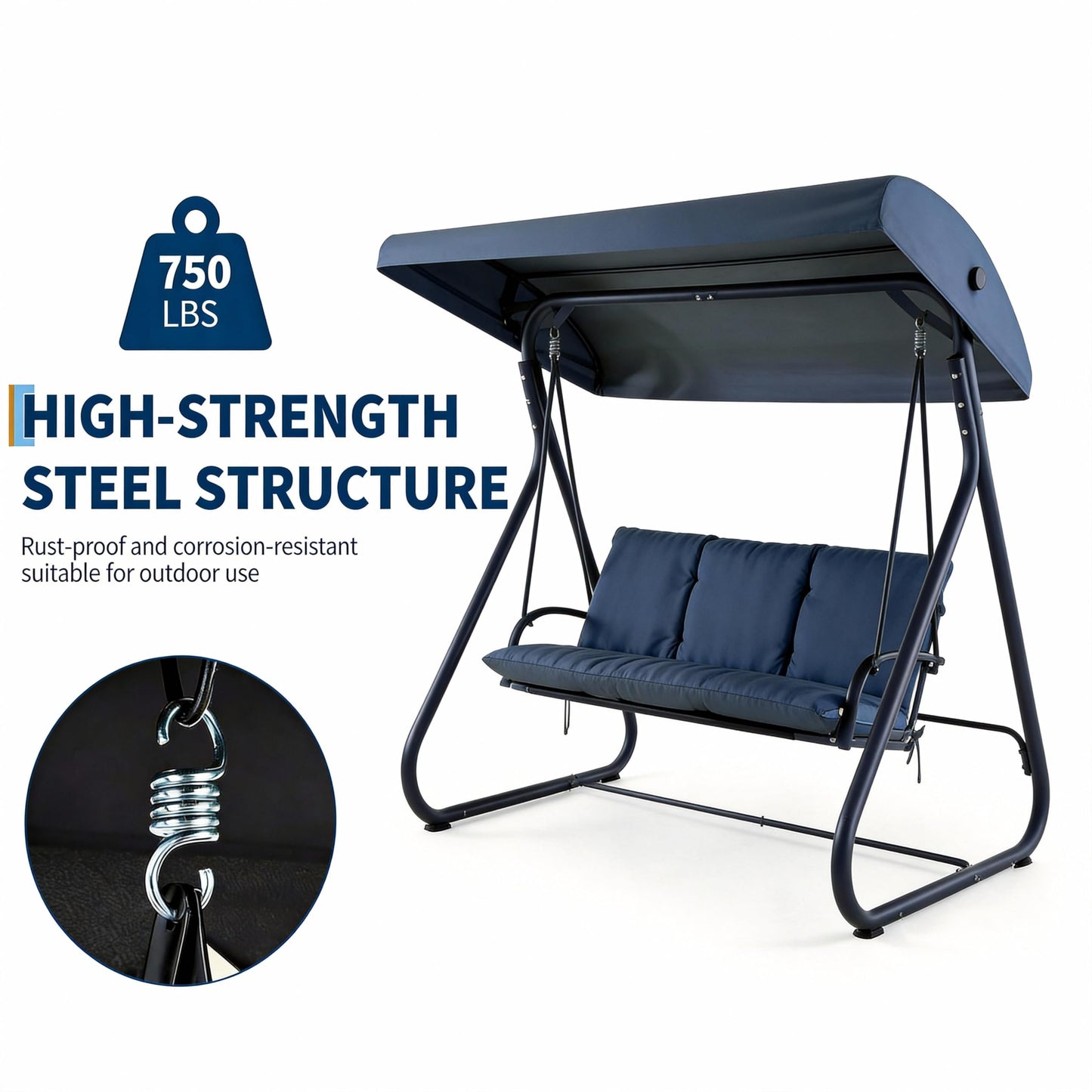 3-Seat Outdoor Convertible Swing Glider with Adjustable Canopy, 2-in-1 Bench to Flat Bed, Removable Cushions, Heavy-Duty Metal Frame, 750 LBS Weight Capacity for Patio, Backyard, Porch, Garden, Blue