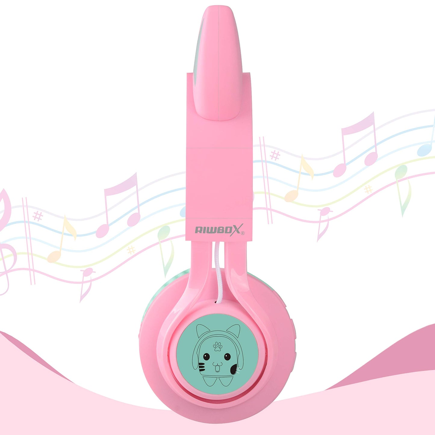 Riwbox CT-7 Cat Ear Bluetooth Headphones, LED Light Up Bluetooth Wireless Over Ear Headphones with Microphone and Volume Control for Travel/School/Smartphones/Laptop/PC/TV (Pink&Green)