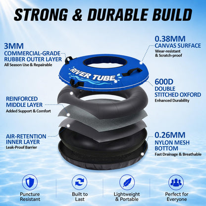 ZEALFEEL River Tube, 48'' Heavy Duty Rubber River Float Tube with Commercial Grade Inner Tube, Premium Canvas Cover, Removable Cup Holder & Tow Strap, Inflatable Tube for Adults Lake Pool Floating