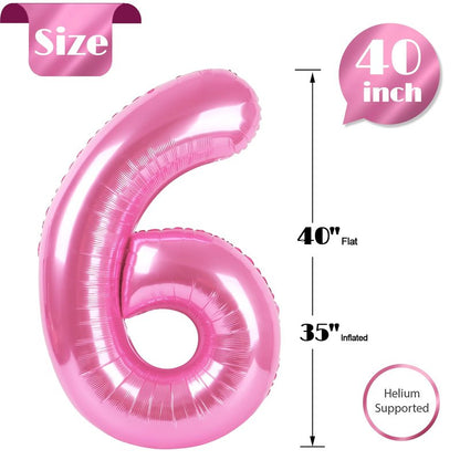 Pink 6 Balloon, Number Balloons 40 Inch, 6th Balloons for Birthday Decorations, Pink Party Supplies 6 Birthday Balloon, Number 6 Balloon