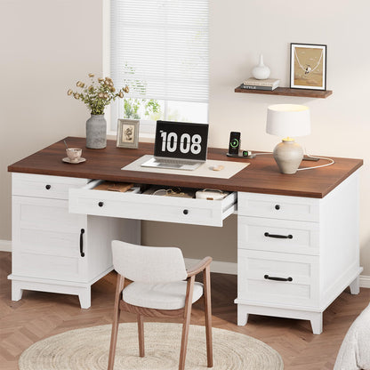 IDEALHOUSE Farmhouse Executive Desk 60 Inch, Wooden Home Office Desk with Adjustable Storage Cabinet, Built-in Charging Port, File Cabinet for Writing & Study, Elegant Workstation, Brownish White
