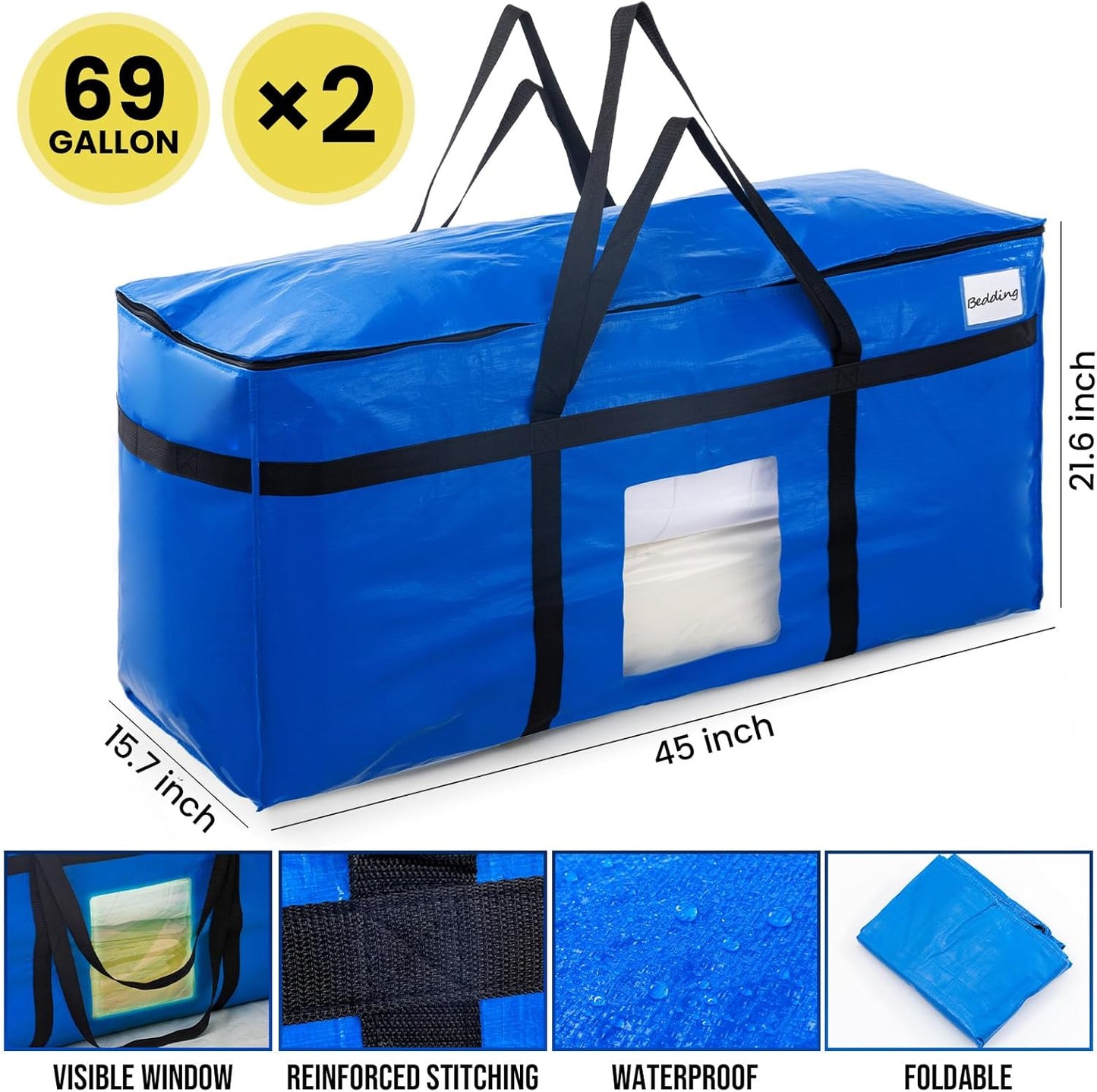TAILI Extra Large 69 Gallon Storage Bags - Heavy Duty Blue Moving Totes with Visible Window | 2 Pack