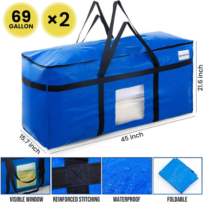 TAILI Extra Large 69 Gallon Storage Bags - Heavy Duty Blue Moving Totes with Visible Window | 2 Pack