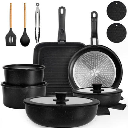 22 Pack Nonstick Pots and Pans Set, KIKCOIN Cookware Set with Detachable Handle, Kitchen Cooking Pans Set with Frying Pan, Grill Pan - Stackable for RV Kitchen, Induction Ready, Dishwasher/Oven Safe