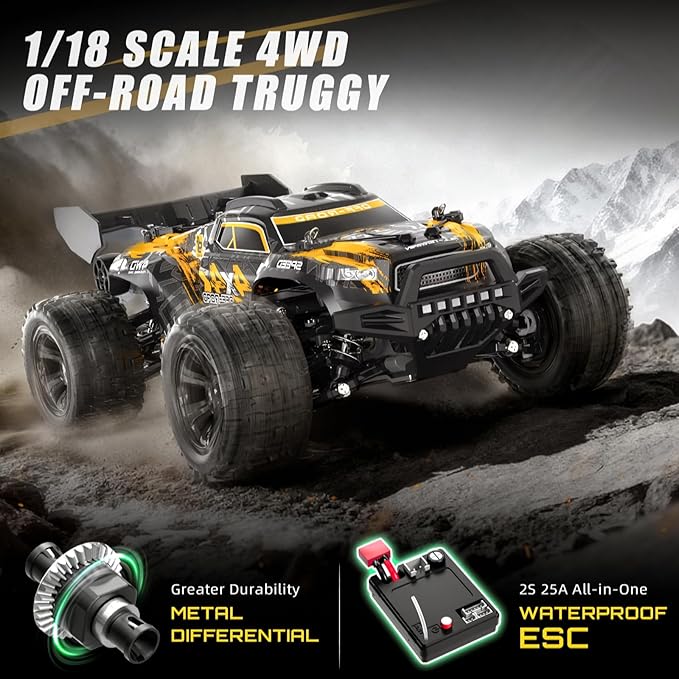 YESHIN 1:18 All Terrain RC Car for Adults 36KM/H High Speed RC Monster Truck 4X4 Waterproof Remote Control Car with Two 7.4V 1500mAh Rechargeable Batteries