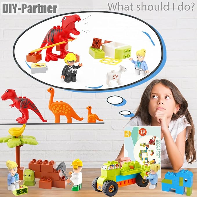 Building Blocks for Toddlers 3-5 Dinosaur Toys- Dinosaurs Car Build Learn and Play Educational Interactive Creative DIY Toy Compatible with All Major Brands Gift for Kids Boys Girls