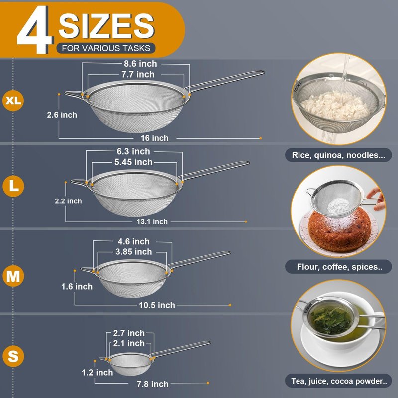 Ydeapi Fine Mesh Strainer, Stainless Steel Kitchen Strainers with Sturdy Handle, Set of 4 Metal Sieve for Food, Rice, Quinoa, Tea - 8.6", 6.3", 4.6", 2.7"
