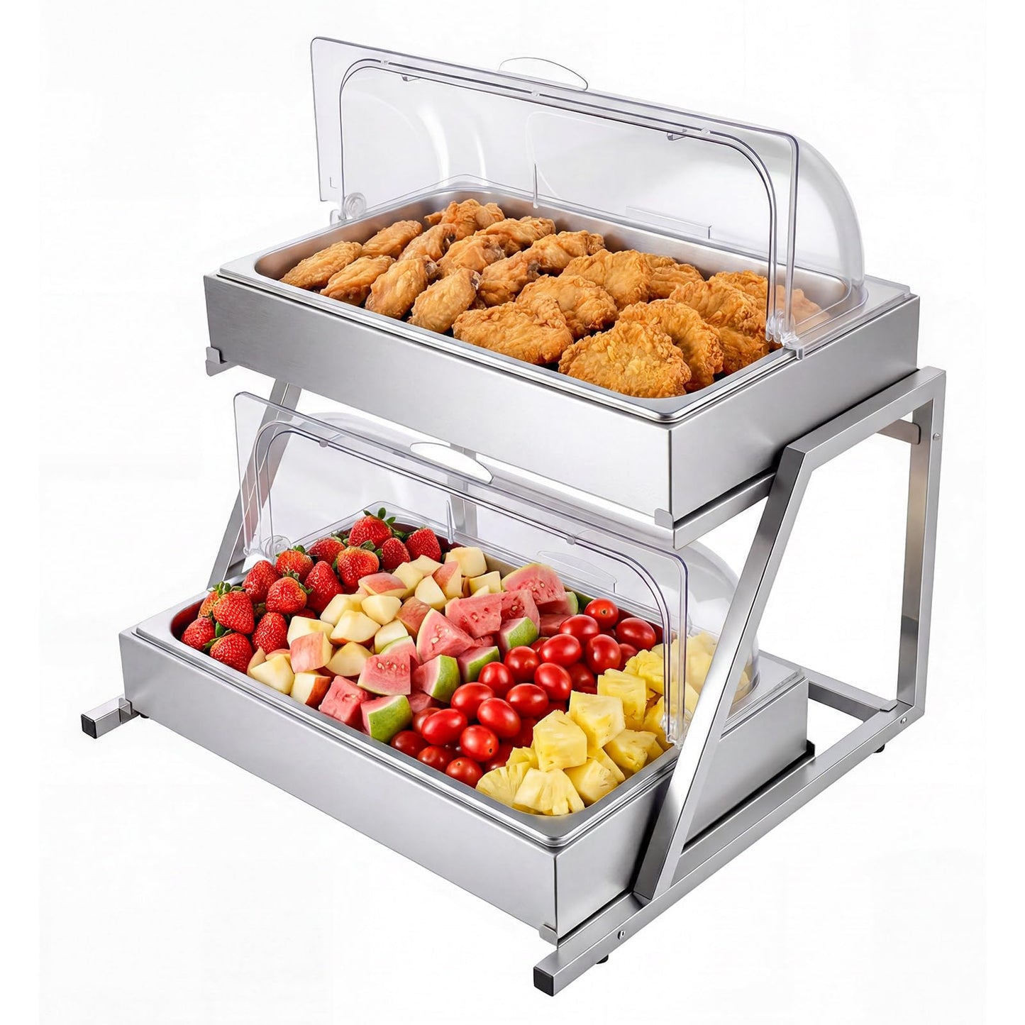 VEVOR Countertop Food Serving Display Container, 2 Tier Stainless Steel Food Salad Server Tray, Buffet Condiment Dispenser, Ice Cooled Rack with Clear Roll Top Cover, for Restaurant Hotel (1/1 Pan x2)