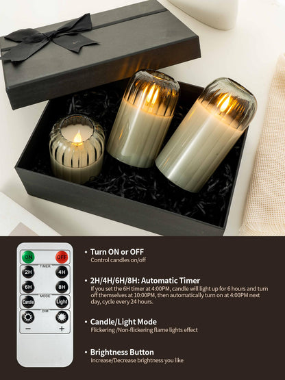 luzzup Glass Ribbed Flameless Candles - Battery Candles with Remote Timer, Green Glass LED Candles with Pumpkin Shape, Warm Light, Lasting 350 Hrs and Brightness Adjustment, Φ 3" H 4" 5" 6", Set of 3