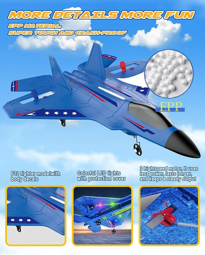 F22 RC Airplane Easy to Fly - 2.4GHz Remote Control Fighter Jet with Gyro Stabilizer &amp LED Lights 2 Batteries Foam RC Glider for Kids Boys Adults Beginners (Blue)