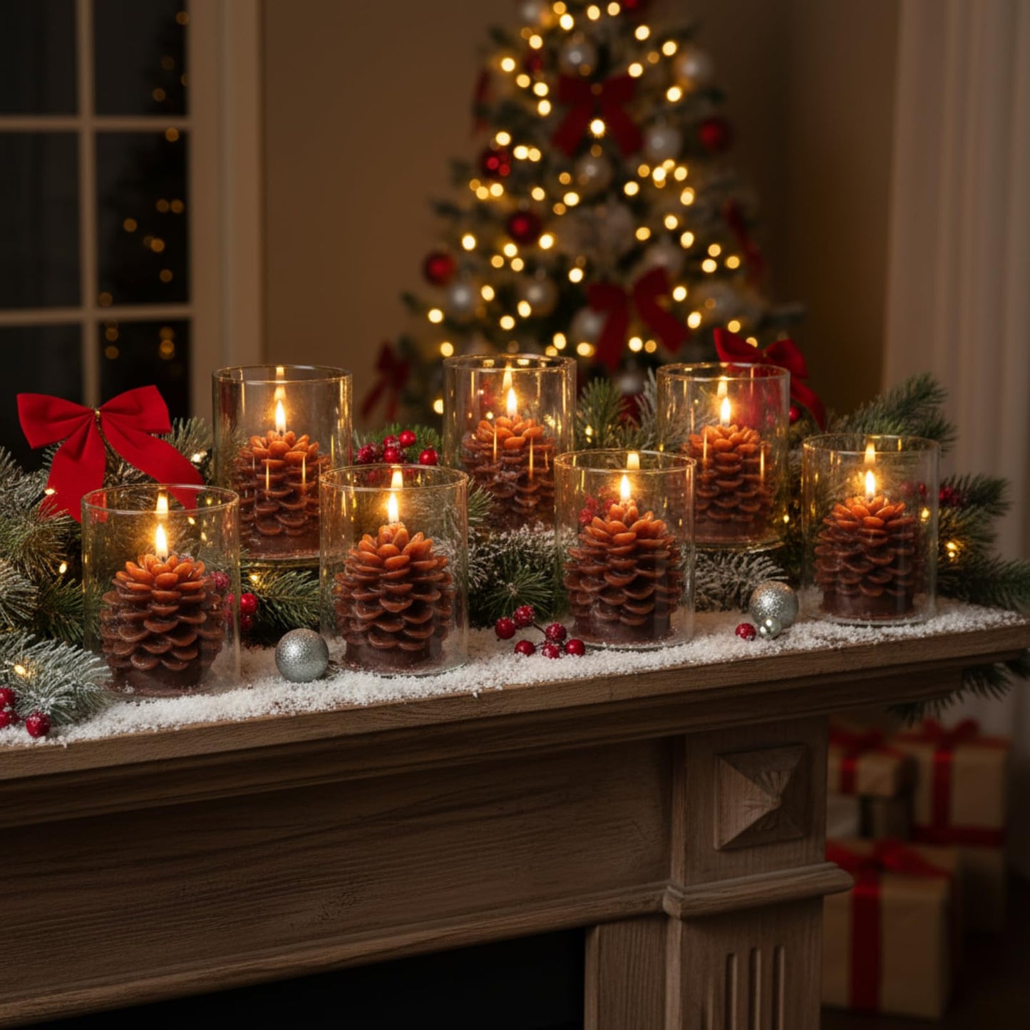 Riakrum 6 Sets Pine Cone Candles Flammable Acorn Decor with Straight Glass Container Real Wax Unscented Candle for Winter Holiday Decoration