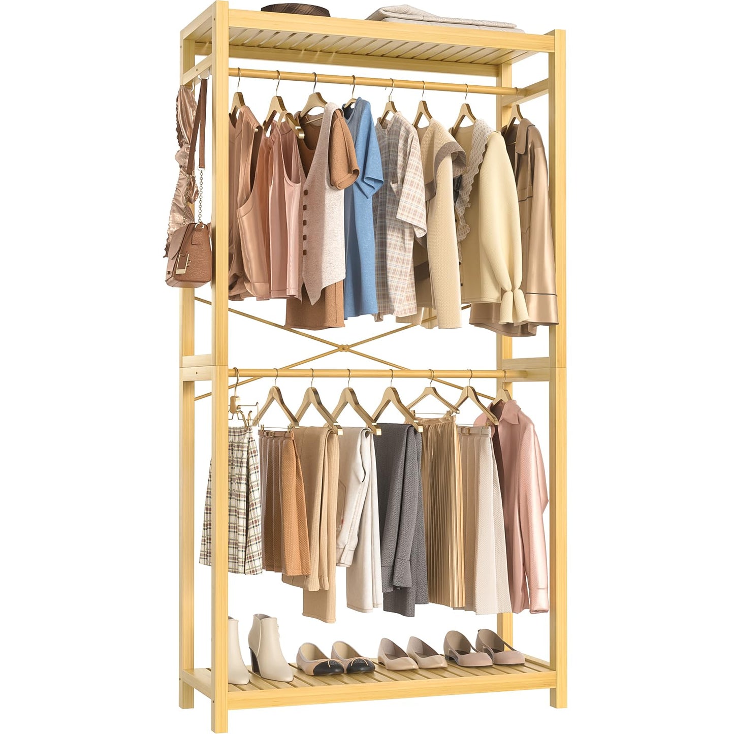 Homykic Bamboo Clothes Rack with Shelves and Double Hang Rods, Portable Closet System Garment Rack for Hanging Clothes, Tall Clothing Rack Corner Closet Organizer, Easy to Built, Natural