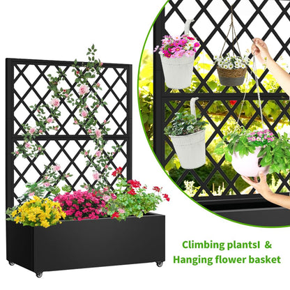 Metal Planter Box with Privacy Screen Trellis,Galvanized Raised Garden Bed On Wheels for Climbing Plants Vines, Standing Garden Flower Bed with Drainage Holes (Black, 35" L x16 W x 55" H)
