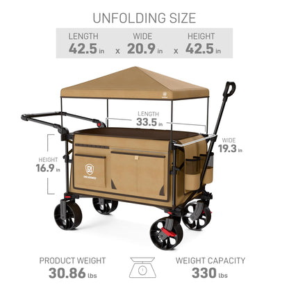 EVER ADVANCED Folding Push Wagon with Canopy, Portable Shopping Cart with Brakes, Collapsible Wagon Cart with All-Terrain Big Wheels for Camping, Beach, Sports