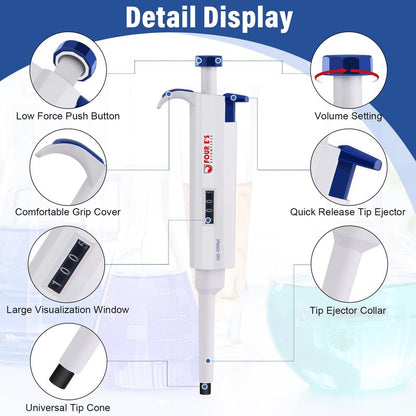 1000uL Micropipette, 1mL Lab Single Channel Micro Pipettes, Adjustable Variable Volume for Liquid Laboratory Scientific School