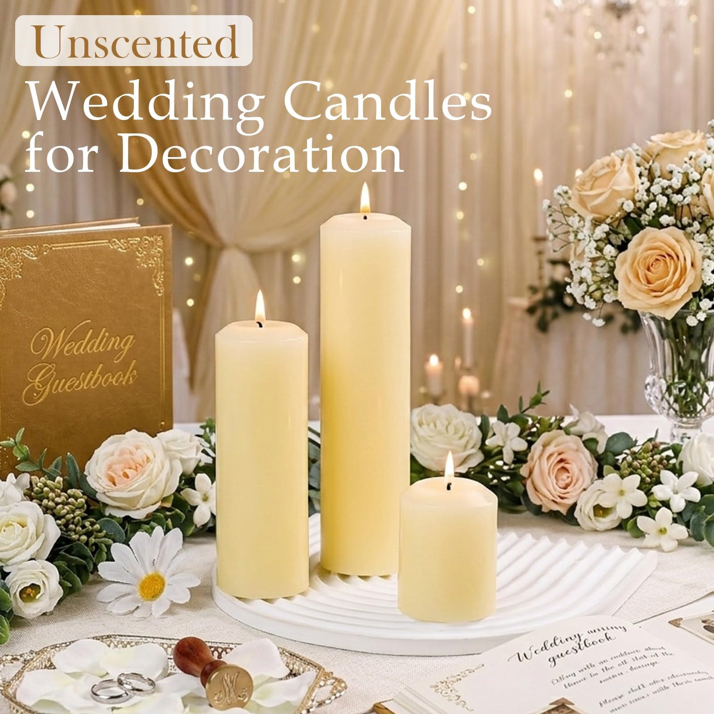 12 Packs Ivory Pillar Candles for Centerpiece, 2x3 2x6 2x8 Inch, Classic Unscented Wedding Candles for Hurricane, Dripless and Smokeless Candles for Party, Home Decor, Mantels