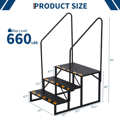 EliteEdge RV Steps with Handrails, 3 Step RV Stairs 660 Lbs Load Capacity,Portable Stairs Steps Steel Travel Trailers Ladder Step Ladder with Anti-Slip Panel, Mobile Home Stairs for Travel Trailers