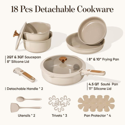 CAROTE 18Pcs Ceramic Cookware Set with Detachable Handle, Pots and Pans Set Non Stick, Non Toxic Cookware Set Removable Handles, Induction Kitchen Cookware Sets, Dishwasher/Oven Safe