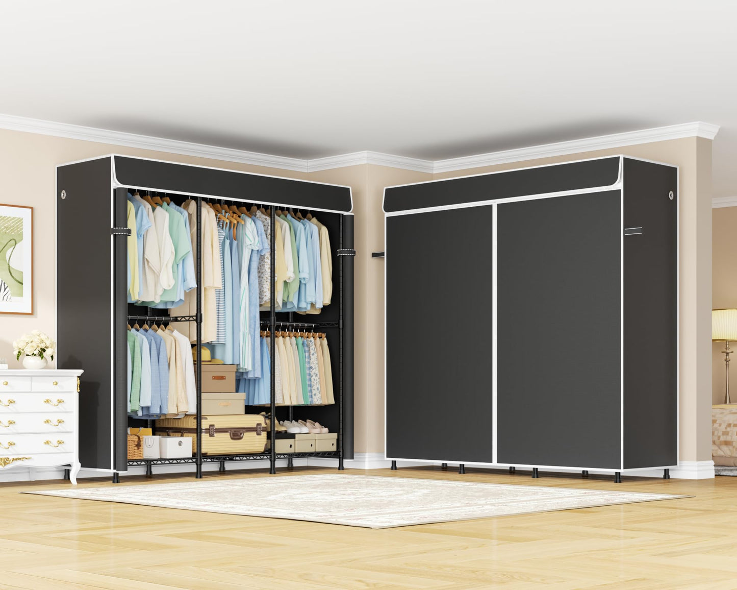 ULIFHOME E14C Heavy Duty Closet Organizer System，Freestanding Clothing Racks for Hanging Clothes，Adjustable Garment Rack 58" W × 16" D × 77" H Hold 860 lbs，Black Rack with Black Dustproof Cover