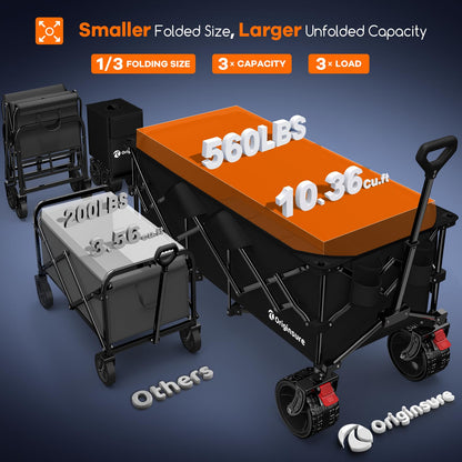 Originsure 48" L Collapsible Wagon Cart Foldable, 560lbs Weight Capacity 300L Heavy Duty Folding Beach Wagons with Big All-Terrain Wheels, Utility Carts for Groceries, Camping, Sports - Black