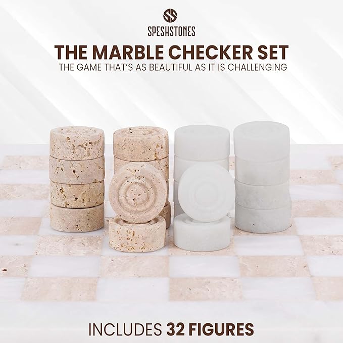 Marble Checkers Set 15 Inches Handmade White and Travertine Checkers Board Game with Checker Pieces - Board Games for Adults Game Table Accessories Gifts &amp Home Décor